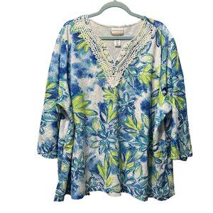 Alfred Dunner sz 3X blue floral lace accent textured 3/4 sleeve split v neck top